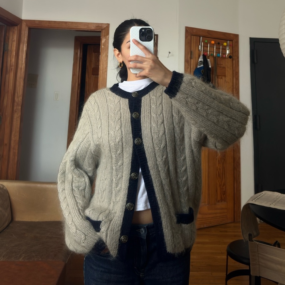 Cozy Cable Knit Cardigan Sweater - Beige with Navy Accents